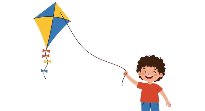 A cheerful young boy joyfully flies a colorful kite in the air, smiling. - Powered by Adobe