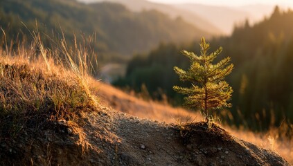 Young pine on hillside at sunrise