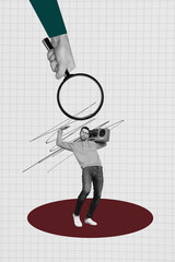 Banner collage of person stand listen tape recorder under huge magnifier over white background