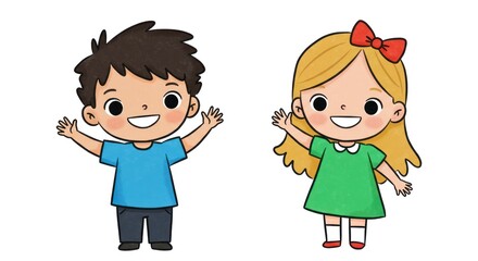 Two cartoon children waving with cheerful smiles, friendly and welcoming.