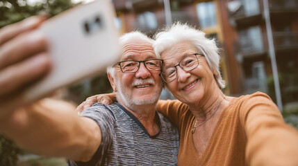 Elderly couple taking a selfie with a smartphone outdoors in a garden setting