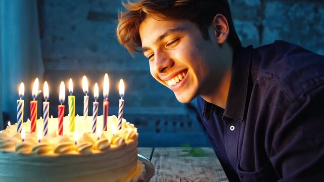 AI Generative Young man blowing out candles on cake, happy birthday celebration