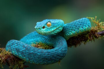 Vibrant blue pit viper coiled on a mossy branch