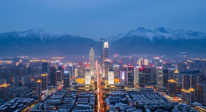 Cityscape at twilight featuring illuminated skyscrapers and snow-capped mountains as backdrop