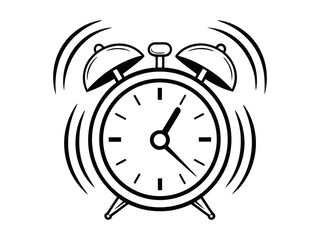 Ringing alarm clock silhouette line art vector illustration with a white background. Classic twin bell alarm clock ringing with motion lines silhouette isolated on white background