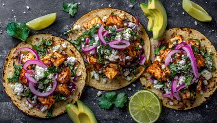 Three tacos topped with grilled chicken, crumbled cheese, red onion, cilantro, and a touch of spice. Fresh lime and avocado slices surround the flavorful meal