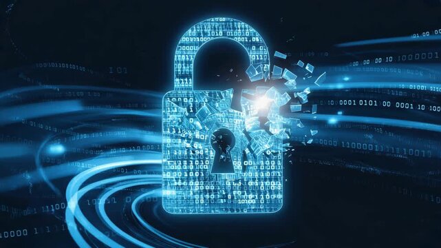Cybersecurity Concept Animation with Breaking Lock and Digital Data Flow