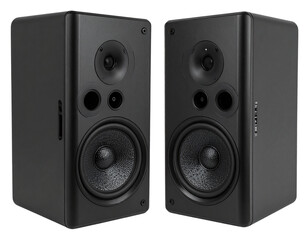 Naklejka premium Pair of Compact Bluetooth Speakers with LED Indicator, Angled Side View on White Background