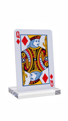Queen of diamonds playing card displayed on stand, featuring intricate designs and vibrant colors, perfect for card games or decoration