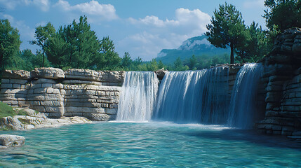 Tranquil waterfall cascading into a clear pool, surrounded by lush greenery and light gray stonework.  A backdrop of mountains and sky