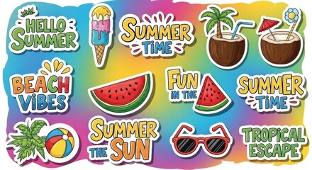Vibrant sticker collection showcasing summertime themes and tropical elements for creative designs