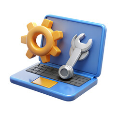 3D Laptop with Browser, Gear and Wrench - Online Support, System Settings, Repair Service and Technical Assistance Concept Illustration