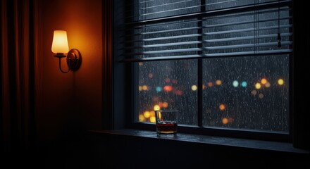 Fototapeta premium Rainy Night City View Through a Window with a Drink