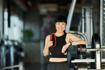 Smiling Woman Posing in Gym With Fitness Equipment in the Background