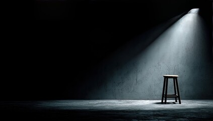 Empty room illuminated by spotlight, wooden stool