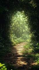 Fototapeta premium Walking Stone Path Through Lush Forest with Sunlight