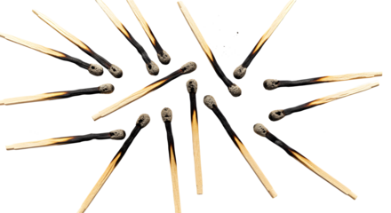 Burnt Matchsticks with Blackened Tips, Isolated on Transparent Background