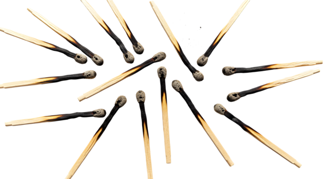 Burnt Matchsticks with Blackened Tips, Isolated on Transparent Background