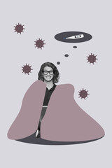 Poster sketch image vertical collage of happy girl sit cover duvet bacterium influenza problem...
