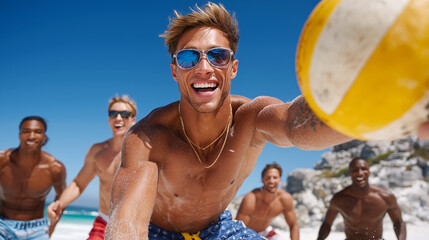 Group of friends playing beach volleyball on a sunny day at the beach