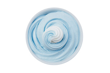 a bowl of blue frosting with a white swirl