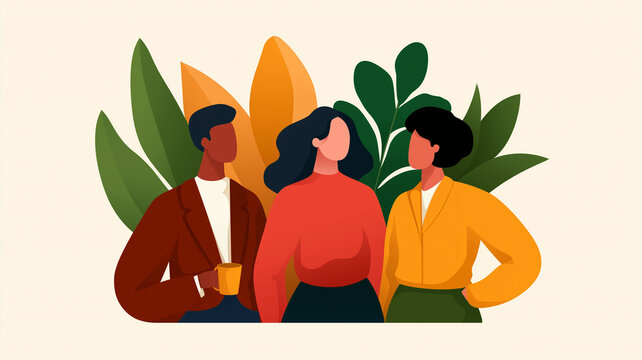 Three people are standing together, engaging in conversation against backdrop of large, colorful leaves. scene conveys sense of community and connection