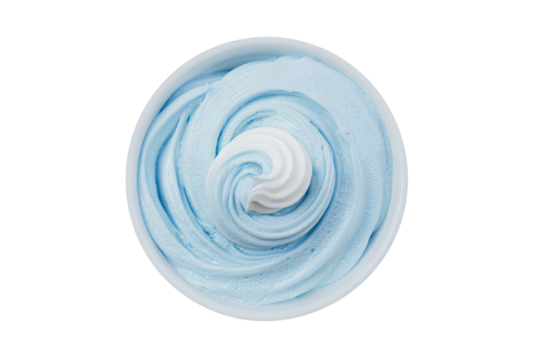 a bowl of blue frosting with a white swirl