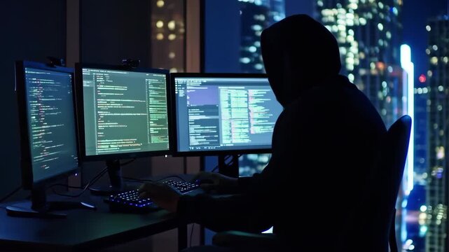 A Hacker or Programmer Working on Computers in a Dark Room with a Futuristic Aesthetic.