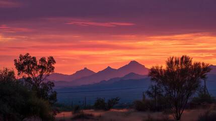 Naklejka premium Scenic view of desert landscape with mountains under vibrant sunset sky horizon