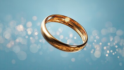 Golden ring floats against a light blue backdrop