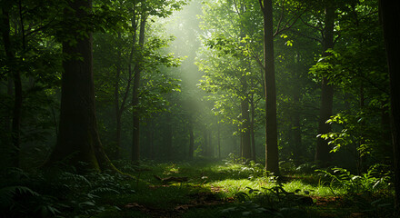 Obraz premium Sunlight streams through a dense forest, illuminating the ground with patches of light and highlighting the lush green foliage.