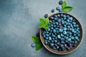 Fresh blueberries in a ceramic bowl. Close-up, free space for text.