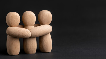 Three wooden figures with arms around each other symbolize unity and teamwork against dark background. smooth texture and simple design convey sense of harmony and collaboration