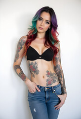 Close-Up of Tattooed Girl with Neon Hair and Seductive Look © MZ