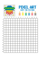 Copy the picture grid drawing worksheet for kids. Pixel art rocket