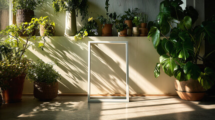 Fototapeta premium Sunlit Botanical Sanctuary: An array of potted plants basks in the warm embrace of sunlight, creating a serene sanctuary of nature and life.