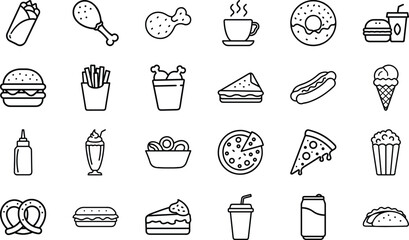 Fast Food Line Icons – Burgers, Pizza, Fries, Drinks, Desserts – Vector Set for Menus & Mobile Apps