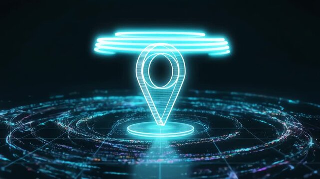 Glowing Location Pin Hologram Animation on Digital Map Grid Background