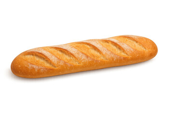 Freshly baked golden-brown baguette revealing crisp crust, soft interior against transparent backdrop