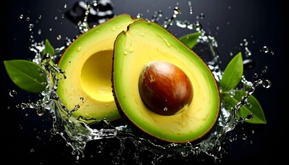 Macro Shot of Avocado Half with Water Splash on Black Background