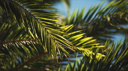 Fototapeta premium Close up of bright green palm fronds against a blurred sky background outdoors