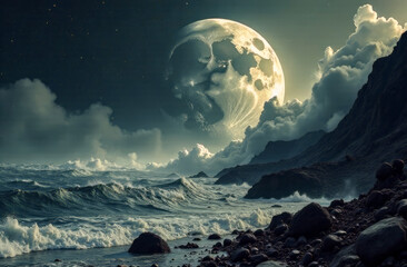 close-up of the moon against the background of waves near a rocky shore. cyclical phases of the moon and its influence on nature