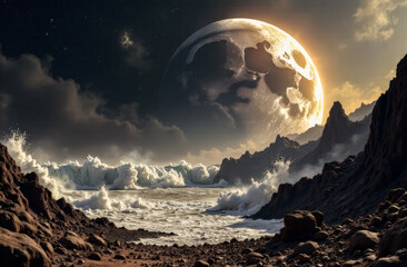 close-up of the moon against the background of waves near a rocky shore. cyclical phases of the moon and its influence on nature