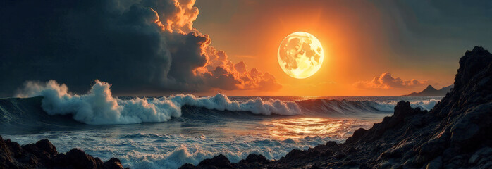 The moon banner on the background of waves near the rocky shore. cyclical phases of the moon and its influence on nature