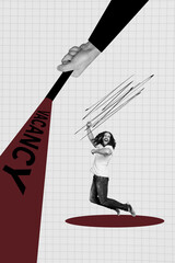 Poster graphics collage of person jump win with hand light vacancy text on white background