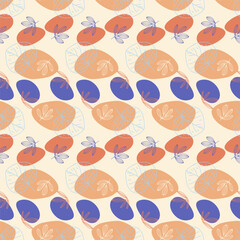 Modern seamless pattern featuring hand drawn leaves over soft abstract shapes in orange violet and beige tones. Ideal for textiles wallpaper stationery and surface design. 