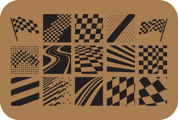 A dynamic collage of racing checkered flags and abstract patterns evoking speed victory and motorsport excitement in a bold black and white design on a brown background