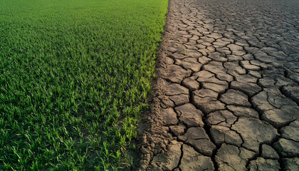 Striking contrast between rich green agriculture, cracked dry earth. Powerful visual of environmental imbalance, climate change impact, farming challenges