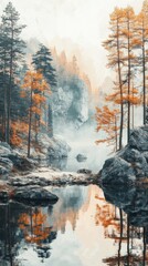 Lake Reflection with Autumn Trees in a Misty Mountain Landscape