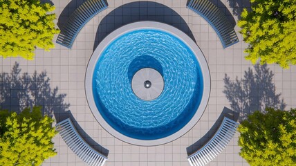 Circular fountain oasis with curved benches